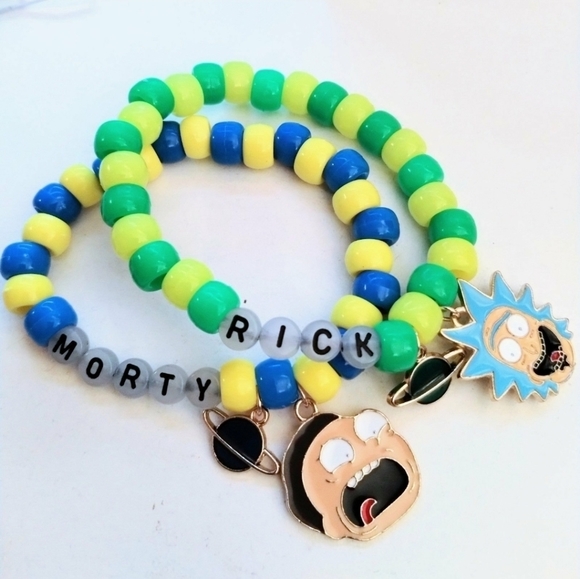 HANDMADE Glow in the Dark Rick and Morty kandi Bracelet set with charms - Picture 1 of 7
